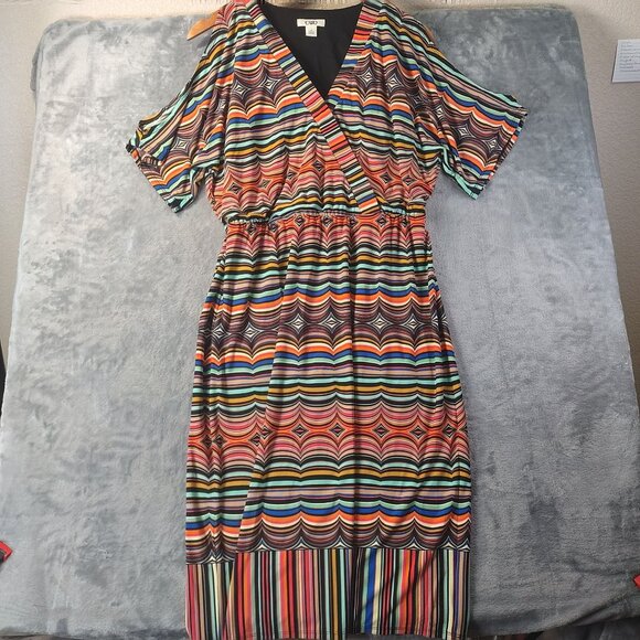 Cato Women Geometric Stripe Midi Dress M Multicolor Boho Artsy Festival Vacation - Picture 1 of 11
